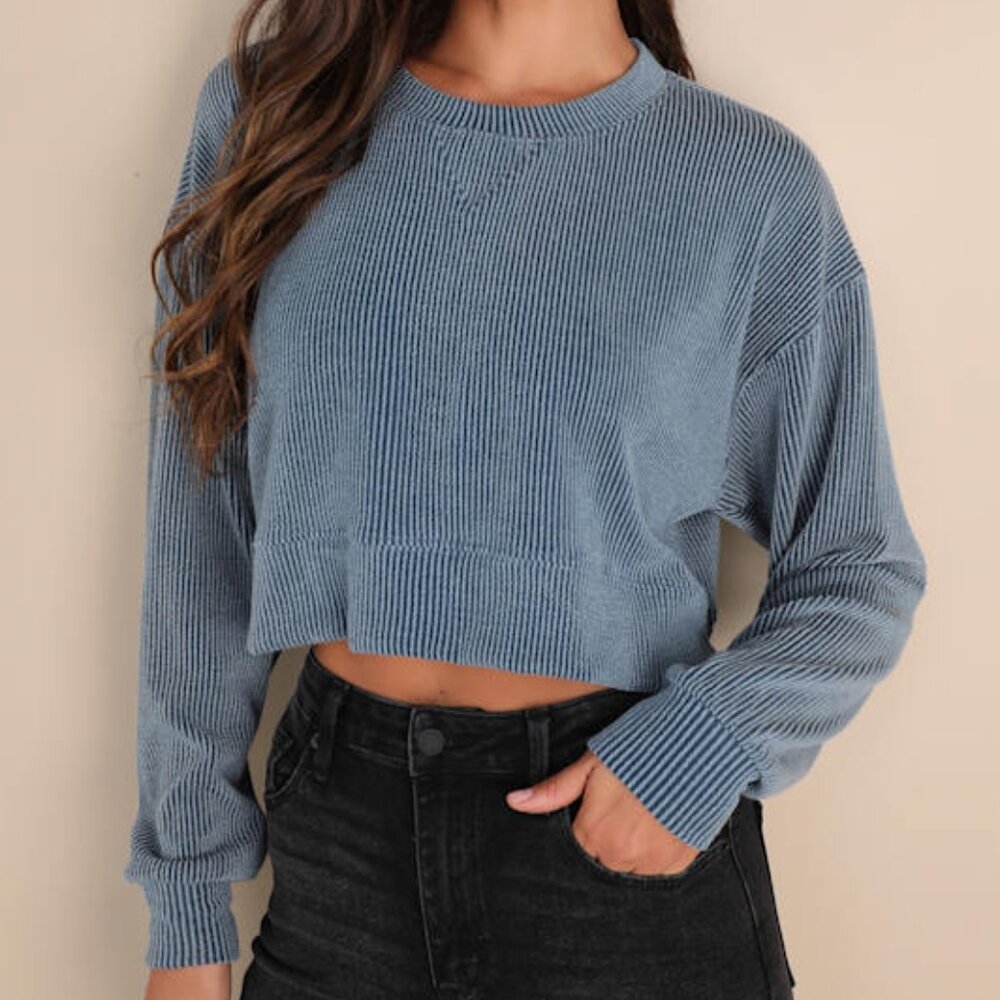 Lulus Relaxed Attitude Slate Blue Textured Ribbed Long Sleeve Crop Top - Size S